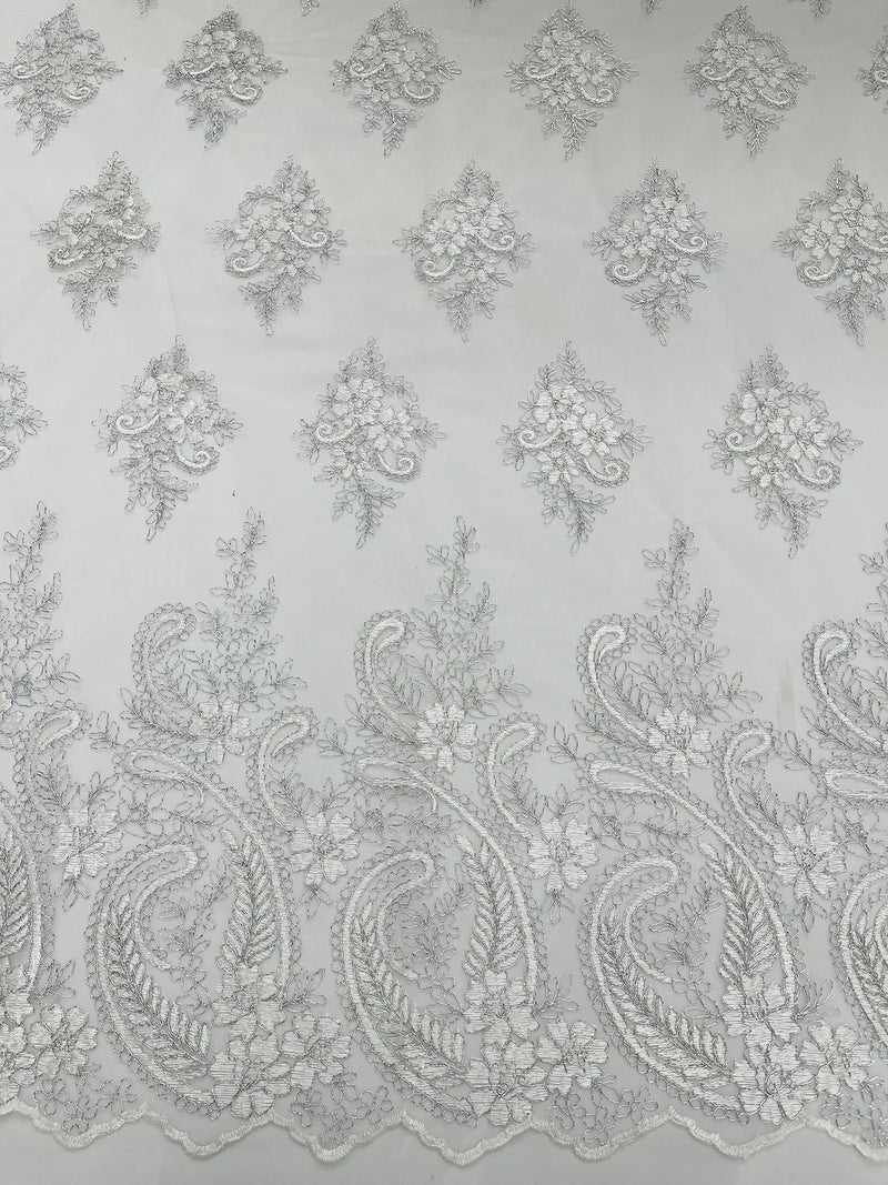 Metallic Paisley Floral Lace - Silver / White - Corded Floral Lace with Metallic Thread on Mesh By Yard