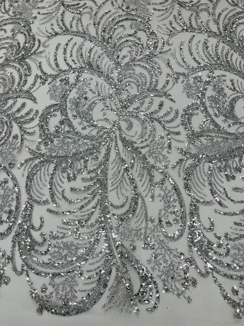 Palm Leaf Design Glitter Fabric - Silver / White - Tulle Glitter Mesh Line Design Fabric Sold By Yard