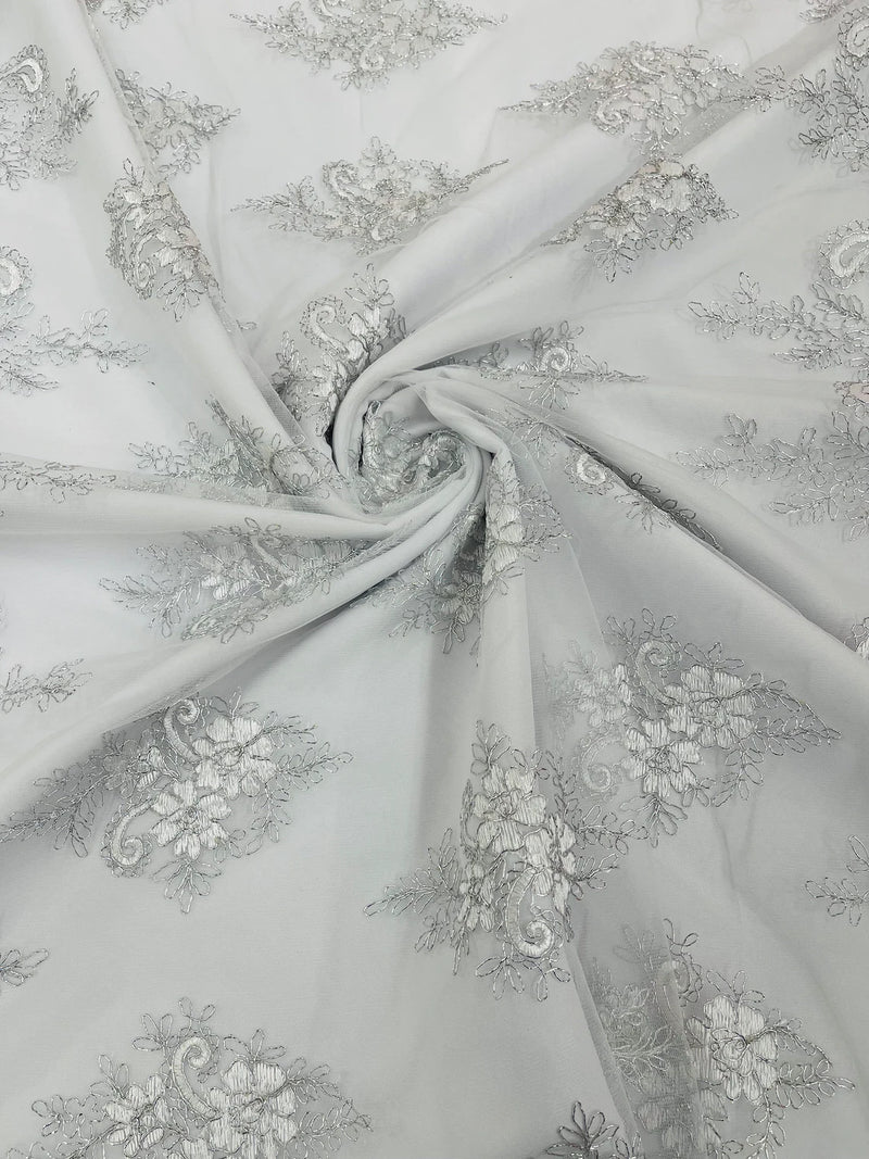 Metallic Paisley Floral Lace - Silver / White - Corded Floral Lace with Metallic Thread on Mesh By Yard