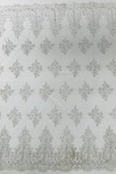 Floral Damask Corded Fabric - Silver / White Metallic - Embroidered Floral Design with Damask Border By Yard