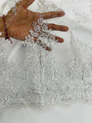 Floral Damask Corded Fabric - Silver / White Metallic - Embroidered Floral Design with Damask Border By Yard