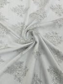 Floral Damask Corded Fabric - Silver / White Metallic - Embroidered Floral Design with Damask Border By Yard