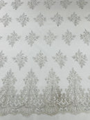 Floral Damask Corded Fabric - Silver / White Metallic - Embroidered Floral Design with Damask Border By Yard