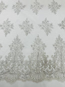 Floral Damask Corded Fabric - Silver / White Metallic - Embroidered Floral Design with Damask Border By Yard
