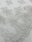 Floral Damask Corded Fabric - Silver / White Metallic - Embroidered Floral Design with Damask Border By Yard