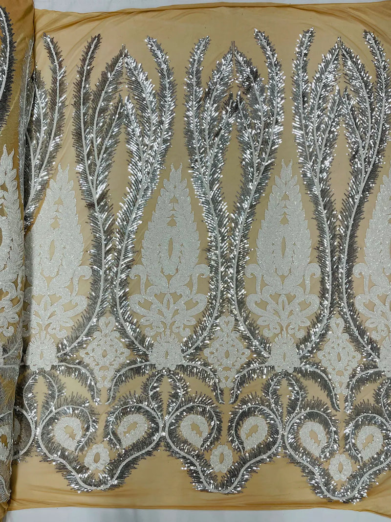 Palm Leaf Damask Sequins - Silver/ White on Nude  - 4 Way Stretch Sequins Leaf Design Fabric By Yard