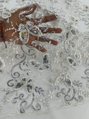 Butterfly Floral Lace Fabric - Silver - Butterfly Flower Metallic Design on Lace Fabric By Yard