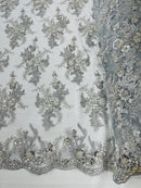 Beaded Sequins Floral Fabric - Silver - Embroidered Beaded Floral Clusters Sequins Fabric By Yard