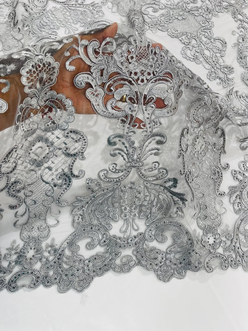 King Lace Design Fabric - Silver - King Design with Sequins Embroidered On Mesh By Yard