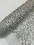 Mermaid Design Glitter Fabric - Silver - Glitter Lace Mesh Design Dress Fabric  By Yard
