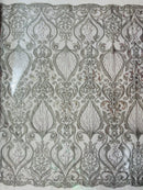 Leaf Damask Bead Fabric - Silver - Embroidered Sequins Heavy Beaded Lace Fabric by Yard