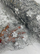 3D Glitter Floral Fabric - Silver - Glitter Sequin Flower Design on Lace Mesh Fabric by Yard