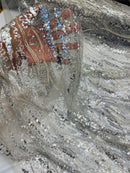 Wavy Leaf Lines Fabric - Silver - Beaded Sequins Leaf Pattern Embroidered On Mesh By Yard