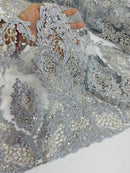 Beaded Floral Fabric - Silver - Luxury Bridal Floral Pattern Fabric With Beads, Sequins Sold By Yard