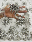 Floral Beaded Gaviota Fabric - Silver - Beaded Floral Design Embroidered On Mesh Sold By Yard