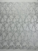 Silver Metallic Thread Leaf Design Embroidered With Sequins on a Mesh Lace Fabric by the Yard