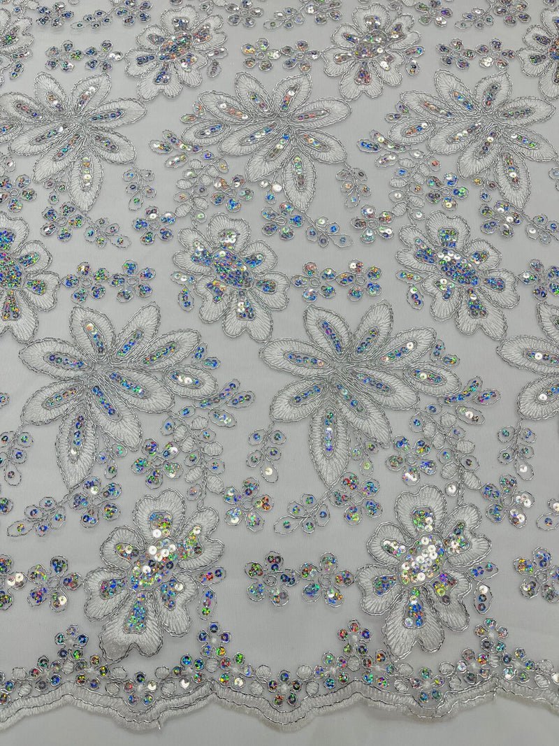 Metallic Floral Lace Fabric - Silver - Hologram Sequins Floral Metallic Thread Fabric by Yard