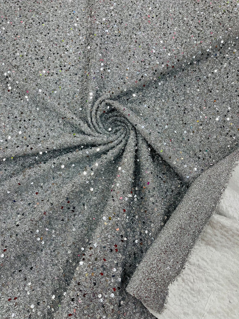 Metallic Foil Sequins - Silver - 2 Way Stretch Spandex with 5mm Sequins Fabric by yard