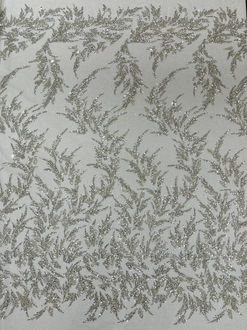 Plant Cluster Glitter Fabric - Silver - Beaded Embroidered Leaf Plant Design on Lace Mesh By Yard