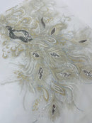 Peacock Feathers Design Lace - Silver - Embroidered Multi-Color Peacock Lace Fabric Sold by Panel