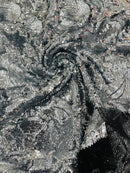 Orchid Flower Sequins Design - Silver - Embroidered 4 Way Stretch Full Of Sequins Fabric Sold By Yard