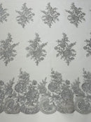 Flower Lace Sequins Fabric - Silver - Embroidered Floral Pattern Fabric with Sequins on Lace By Yard