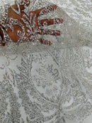 Beautiful Damask Design Glitter Fabric - Silver - Glitter Design on Lace Mesh Dress Fabric By Yard