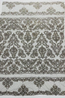 My Lady Beaded Fabric - Silver - Damask Beaded Sequins Embroidered Fabric By Yard