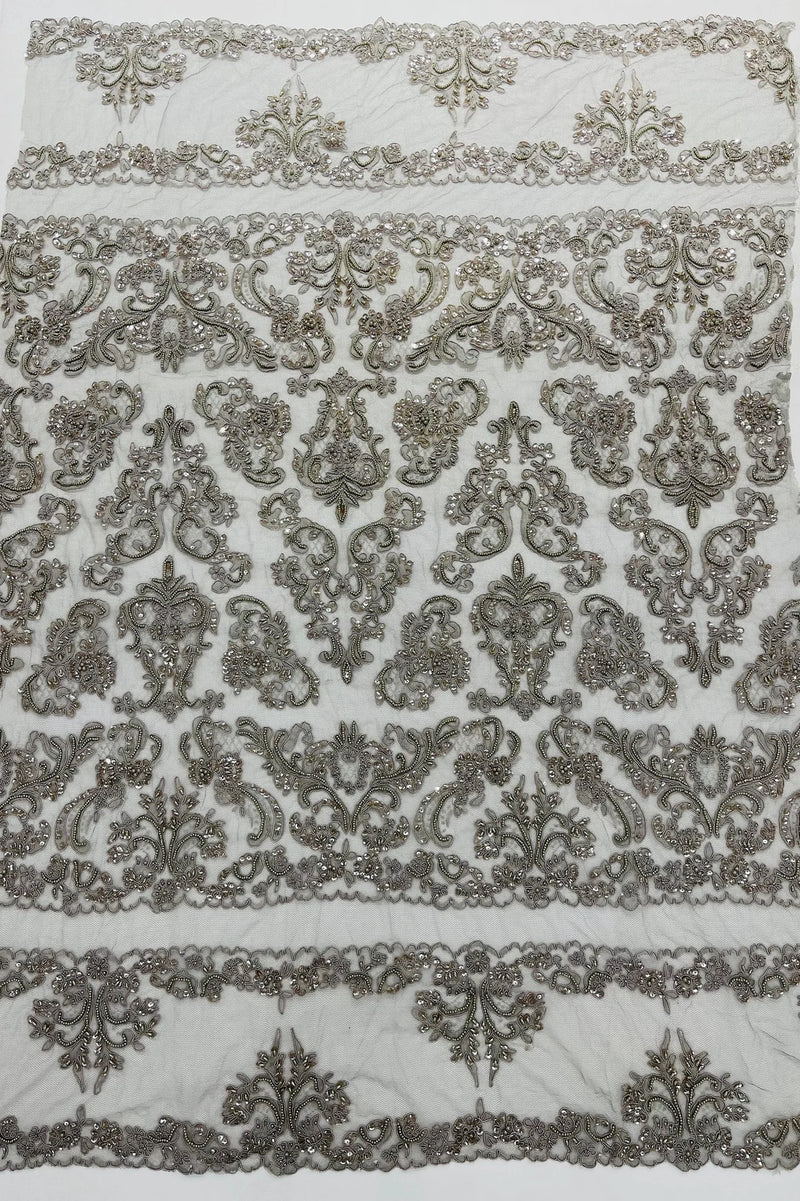 My Lady Beaded Fabric - Silver - Damask Beaded Sequins Embroidered Fabric By Yard