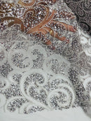 Swirl Design Bead Fabric - Silver - Beaded Swirl Design with Sequins on Mesh Lace by Yard
