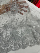 Glitter Damask Geometric Fabric - Silver - Geometric Damask Design Lace Mesh Fabric By Yard