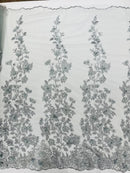 3D Floral Design - Silver - Flowers Embroidered and Beaded With Pearls On a Mesh Lace