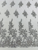Rose Beaded Sequin Fabric - Silver - Embroidered Floral Pattern with Beads and Sequins By Yard