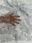 Flower Metallic Lace Fabric - Silver - Corded Floral Sequins Design Fabric Embroidered on Lace by Yard
