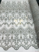 Damask Beaded Glam Fabric -Silver - Embroidery Beaded Fabric with Round Beads Sold By The Yard