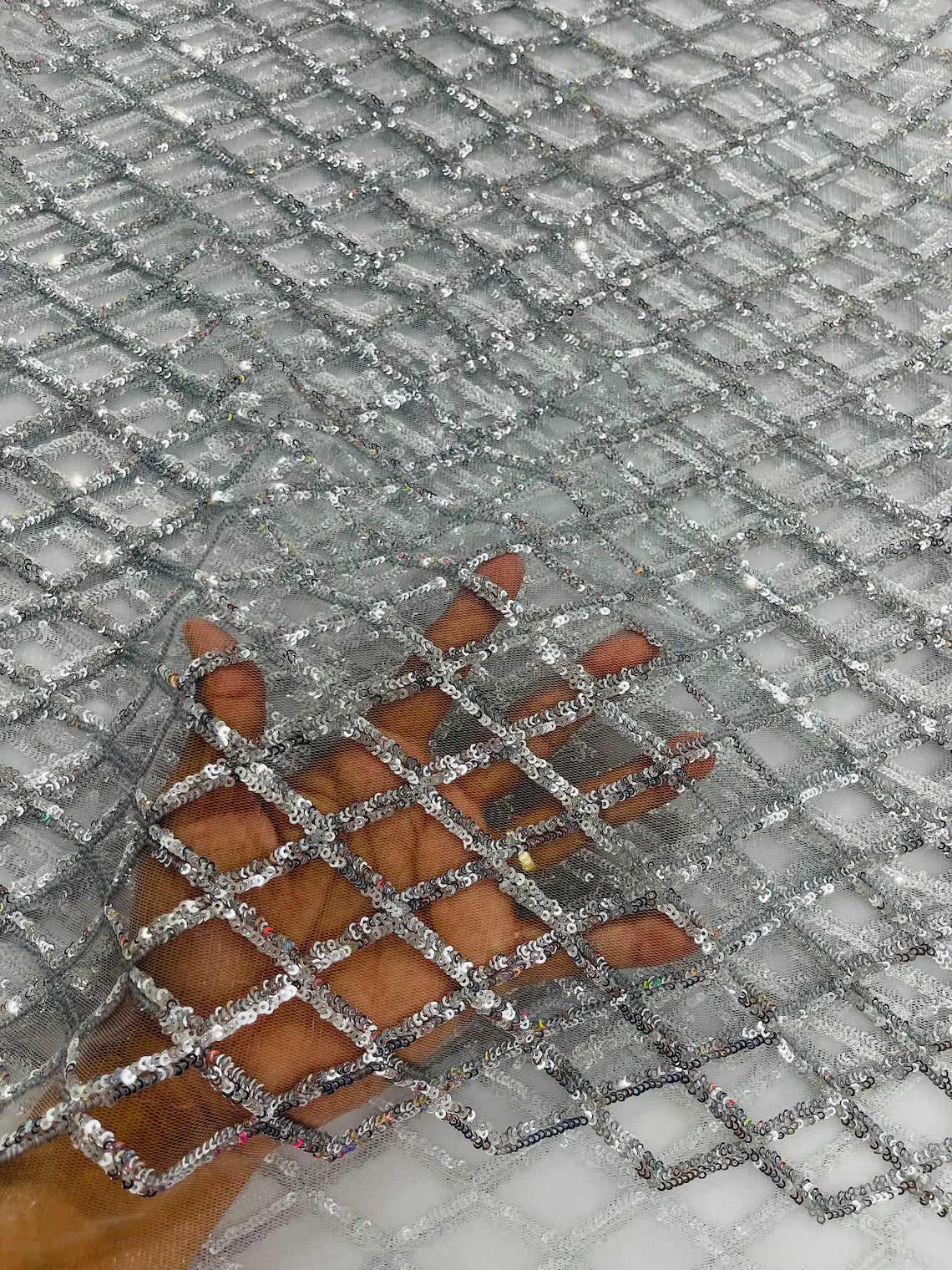 Diamond Net Sequins Fabric - Silver - Geometric Diamond Net Design on