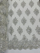 Heavy Bridal Lace Fabric - Silver - Floral Beaded Heavy Lace Fabric Sold by Yard