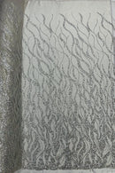 Flaming Fire Design Bead Fabric - Silver - Beaded Embroidered Fabric By Yard