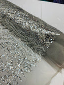 Wavy Floral Beaded Fabric - Silver - Geometric Beaded Sequins Embroidered Fabric Sold By Yard