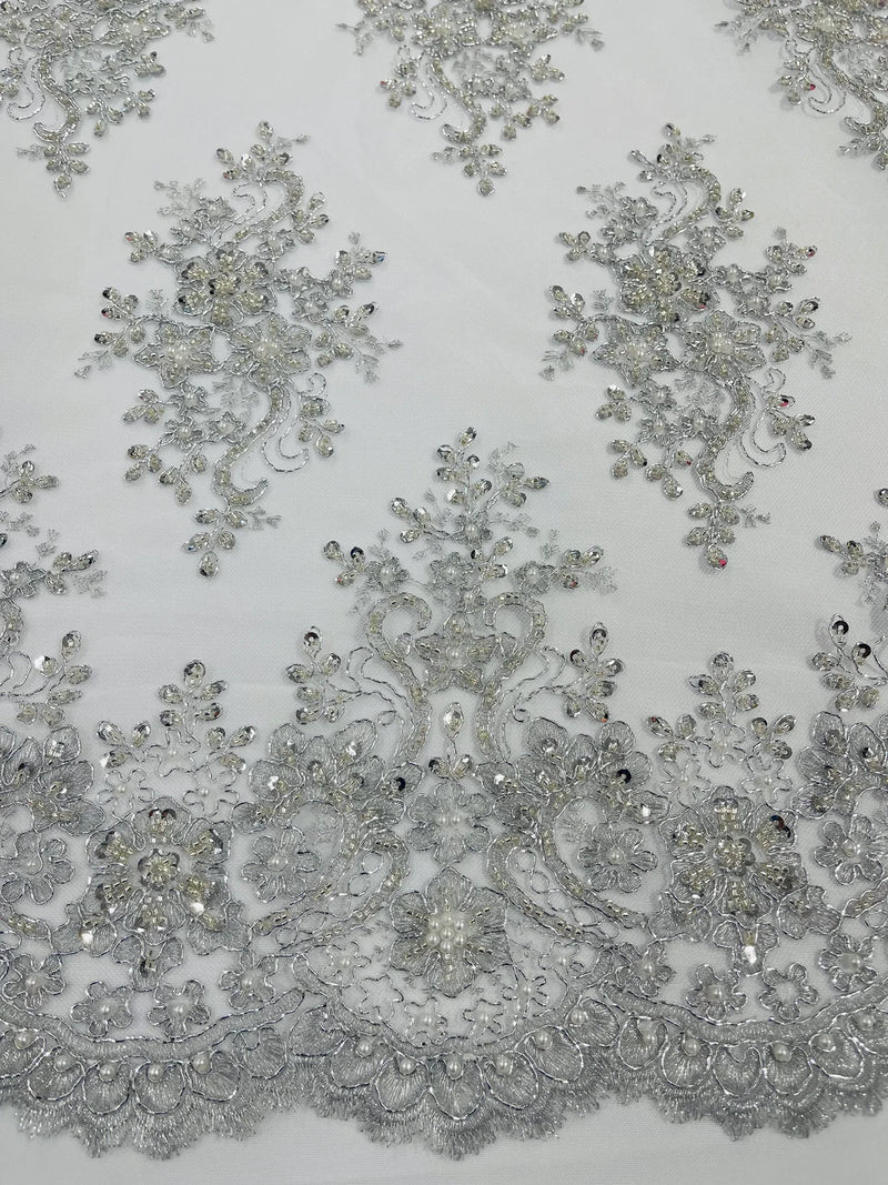 Isabela Design - Silver - Embroidery Beaded Fabric With Sequin on a Mesh Fabric by the yard