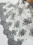 Damask Flower Lace Fabric - Silver - Damask Flowers Embroidered on Lace Fabric By Yard