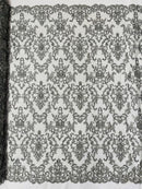 Beaded Butterfly Pattern Fabric - Silver - Damask Fancy Bead Sequins Fabric Sold by Yard