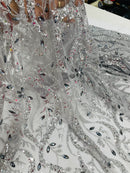 Floral & Leaf Pattern Bead Fabric - Silver - Embroidered Beaded Rhinestone on a Mesh, Sold By Yard