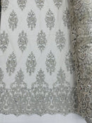 Embroidered Bead Fabric - Silver - Floral Damask Bead Bridal Lace Fabric by the yard