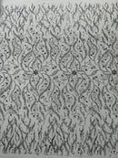 Sample Floral & Leaf Pattern Bead Fabric - Silver - Embroidered Beaded Rhinestone on a Mesh