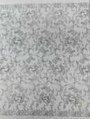 Flower Metallic Lace Fabric - Silver - Corded Floral Sequins Design Fabric Embroidered on Lace by Yard