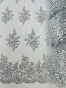 Flower Lace Sequins Fabric - Silver - Embroidered Floral Pattern Fabric with Sequins on Lace By Yard