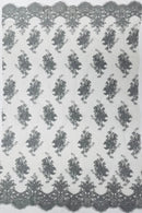 Damask Flower Lace Fabric - Silver - Damask Flowers Embroidered on Lace Fabric By Yard