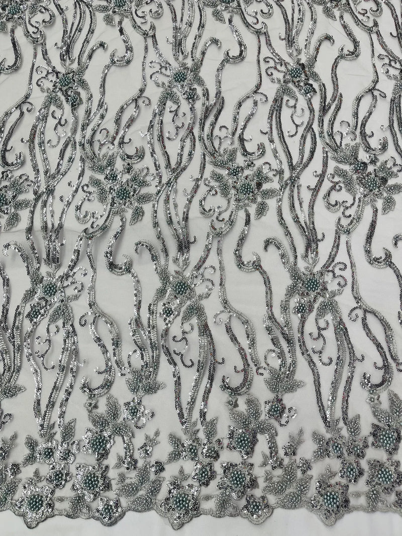 Flower Lines Bead Fabric - Silver - Beaded Flower Fabric with Curled Long Lines Pattern By Yard