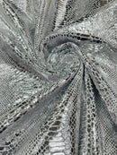 Anaconda Foil Velvet - Silver - Shiny Foil Velvet Anaconda Snake Print Fabric Sold By The Yard